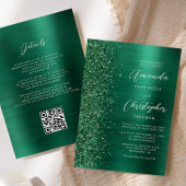 Glam Emerald Green Brushed Metal QR Code Wedding Kaart