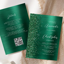 Glam Emerald Green Brushed Metal QR Code Wedding