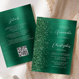 Glam Emerald Green Brushed Metal QR Code Wedding Kaart