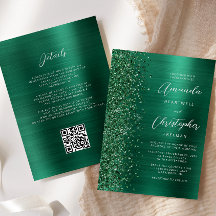 Glam Emerald Green Brushed Metal QR Code Wedding