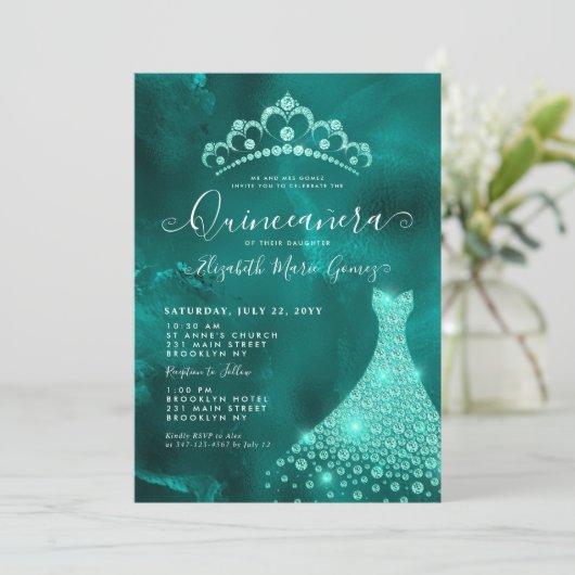 Glam Emerald Green Diamond Tiara Dress Quinceanera Kaart (Staand voorkant)