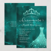 Glam Emerald Green Diamond Tiara Dress Quinceanera Kaart (Voorkant / Achterkant)