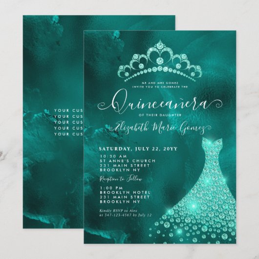 Glam Emerald Green Diamond Tiara Dress Quinceanera Kaart (Voorkant / Achterkant)