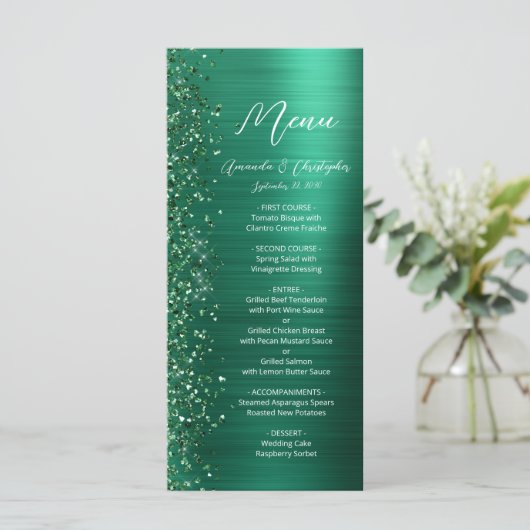 Glam Emerald Green Glitter Brushed Metal Wedding Menu (Staand voorkant)