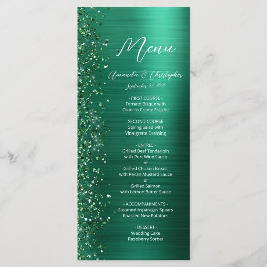Glam Emerald Green Glitter Brushed Metal Wedding Menu (Voorkant)