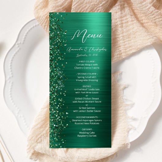Glam Emerald Green Glitter Brushed Metal Wedding Menu