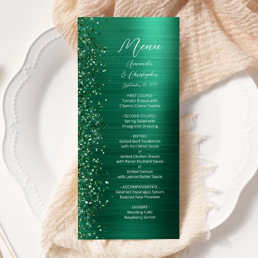 Glam Emerald Green Glitter Brushed Metal Wedding Menu