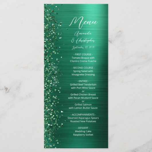 Glam Emerald Green Glitter Brushed Metal Wedding Menu (Voorkant)