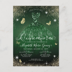 Glam Emerald Green Goud Glitter Gown Quinceanera Briefkaart