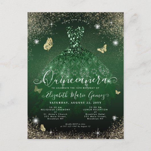 Glam Emerald Green Goud Glitter Gown Quinceanera Briefkaart (Voorkant)