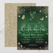 Glam Emerald Green Goud Glitter Gown Quinceanera Kaart (Voorkant / Achterkant)