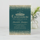 Glam Emerald Green Quinceañera Gold Tiara Glitter Kaart (Staand voorkant)