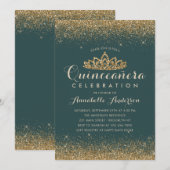 Glam Emerald Green Quinceañera Gold Tiara Glitter Kaart (Voorkant / Achterkant)