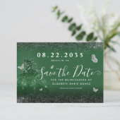 Glam Emerald Green Silver Glitter Gown Quincean Save The Date (Staand voorkant)