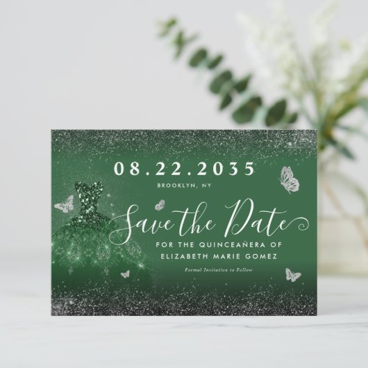 Glam Emerald Green Silver Glitter Gown Quincean Save The Date (Staand voorkant)