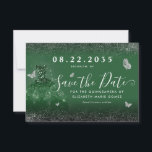 Glam Emerald Green Silver Glitter Gown Quincean Save The Date<br><div class="desc">Modern Emerald Groen Zilver Grijs Prinses Jurk Glitter Sparkle Vlinder 15e Verjaardag Quinceanera Save the Date Uitnodiging</div>
