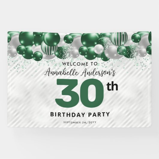 Glam Emerald Green Zilveren Ballon Glitter Welkom Spandoek (Horizontaal)