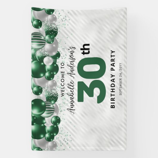 Glam Emerald Green Zilveren Ballon Glitter Welkom Spandoek (Verticaal)
