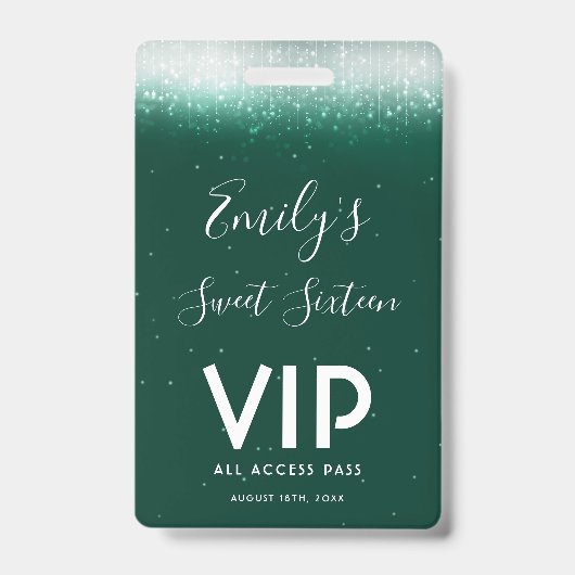 Glam Emerald Sweet 16 Uitnodiging VIP Pass Badge (Voorzijde)
