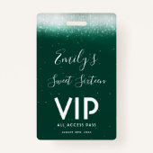 Glam Emerald Sweet 16 Uitnodiging VIP Pass Badge (Voorkant)