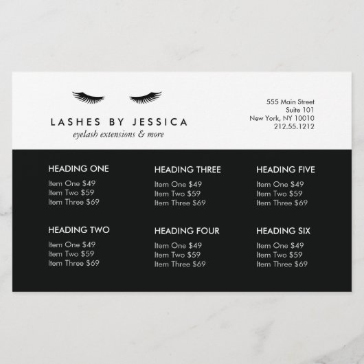 Glam Eyelashes Classic Photo Price List Menu Flyer (Achterkant)