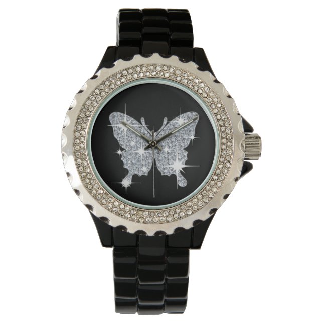 Glam faux diamant sparkle butterfly on black watch horloge (Voorkant)