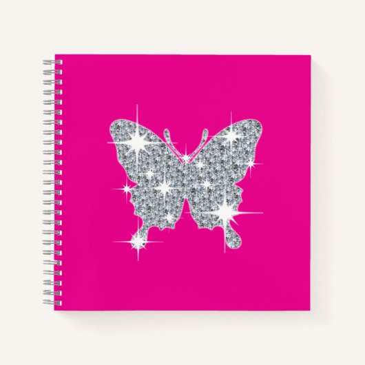 Glam faux diamant sparkle butterfly on hot roze notitieboek (Voorkant)