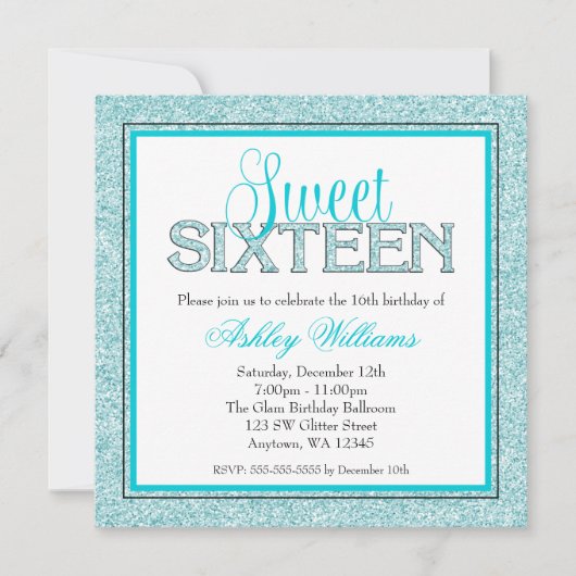 Glam Faux Glitter Blauwgroen Blue Sweet 16 Kaart (Voorkant)
