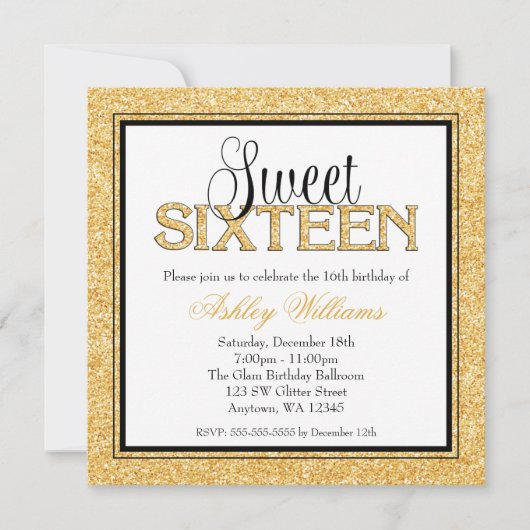 Glam Faux Glitter Gold Black Sweet 16 Kaart (Voorkant)