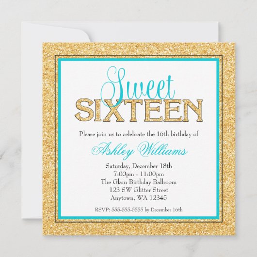Glam Faux Glitter Gold Blauwgroen Sweet 16 Kaart (Voorkant)