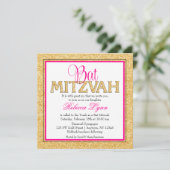 Glam Faux Glitter Gold Pink Bat Mitzvah Kaart (Staand voorkant)