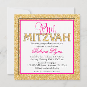 Glam Faux Glitter Gold Pink Bat Mitzvah Kaart