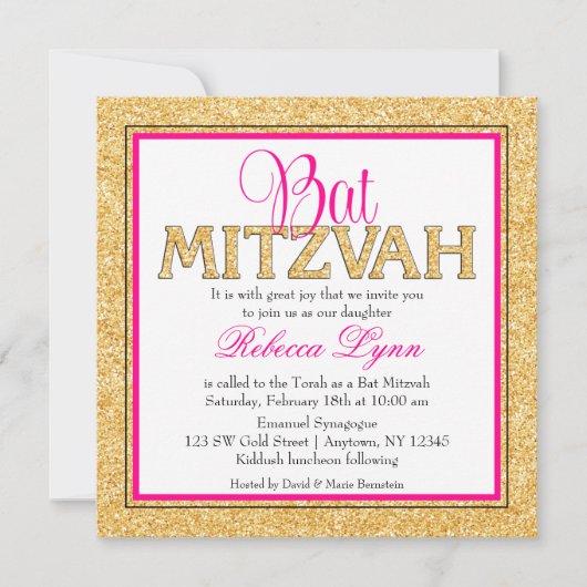 Glam Faux Glitter Gold Pink Bat Mitzvah Kaart (Voorkant)