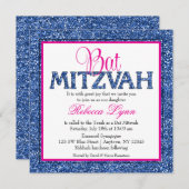 Glam Faux Glitter Navy Blue Pink Bat Mitzvah Kaart (Voorkant / Achterkant)