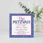 Glam Faux Glitter Navy Blue Pink Bat Mitzvah Kaart (Staand voorkant)