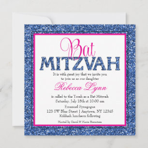 Glam Faux Glitter Navy Blue Pink Bat Mitzvah Kaart