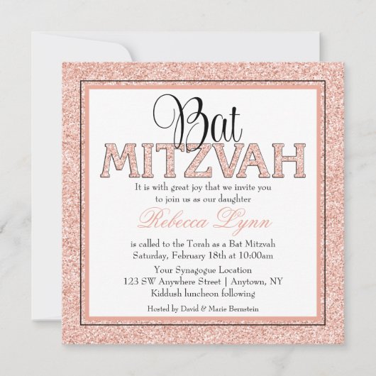 Glam Faux Glitter Roos Gold Bat Mitzvah Kaart (Voorkant)