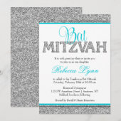 Glam Faux Glitter Silver Blauwgroen Blue Bat Mitzv Kaart (Voorkant / Achterkant)