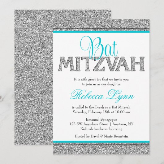 Glam Faux Glitter Silver Blauwgroen Blue Bat Mitzv Kaart (Voorkant / Achterkant)