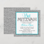 Glam Faux Glitter Silver Blauwgroen Blue Bat Mitzv Kaart (Voorkant / Achterkant)