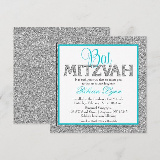 Glam Faux Glitter Silver Blauwgroen Blue Bat Mitzv Kaart (Voorkant / Achterkant)