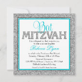 Glam Faux Glitter Silver Blauwgroen Blue Bat Mitzv Kaart (Voorkant)