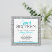 Glam Faux Glitter Silver Blauwgroen Blue Sweet 16 Kaart (Staand voorkant)