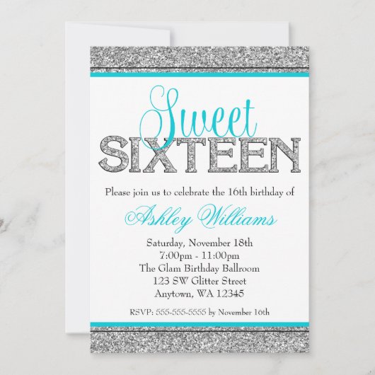 Glam Faux Glitter Silver Blauwgroen Blue Sweet 16 Kaart (Voorkant)