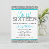 Glam Faux Glitter Silver Blauwgroen Blue Sweet 16 Kaart (Staand voorkant)