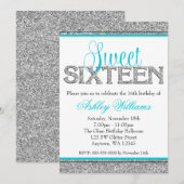Glam Faux Glitter Silver Blauwgroen Blue Sweet 16 Kaart (Voorkant / Achterkant)
