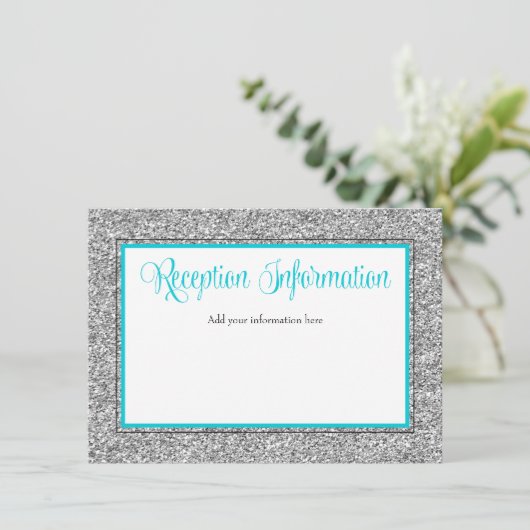 Glam Faux Glitter Silver Blauwgroen Receptie Informatiekaartje (Staand voorkant)