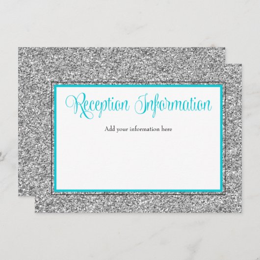 Glam Faux Glitter Silver Blauwgroen Receptie Informatiekaartje (Voorkant / Achterkant)