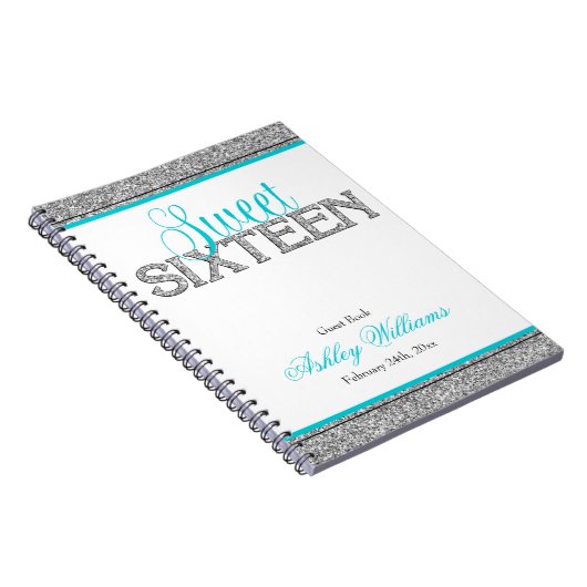 Glam Faux Glitter Silver Blauwgroen Sweet 16 Guest Notitieboek (Rechterzijde)