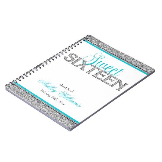 Glam Faux Glitter Silver Blauwgroen Sweet 16 Guest Notitieboek (Linkerzijde)